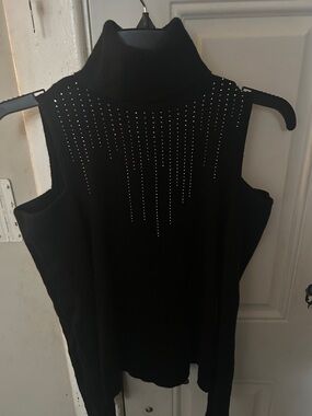Black off the shoulder Turtleneck Top with Rhinestone Detail